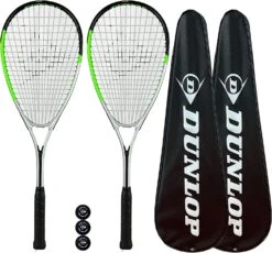 Dunlop Hyper Lite Max Squash Racket Twin Pack, Inc Covers & 3 Squash Balls