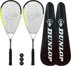 Dunlop Hyper Lite Pro Squash Racket Twin Pack, Inc Covers & 3 Squash Balls