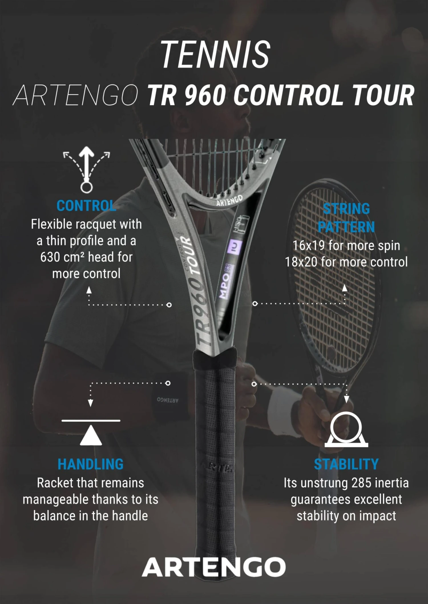Artengo Adult Tennis Racket Control Tour TR960 18x20 Unstrung - Grey 4 Artengo Adult Tennis Racket Control Tour TR960 18x20 Unstrung - Grey - Image 4
